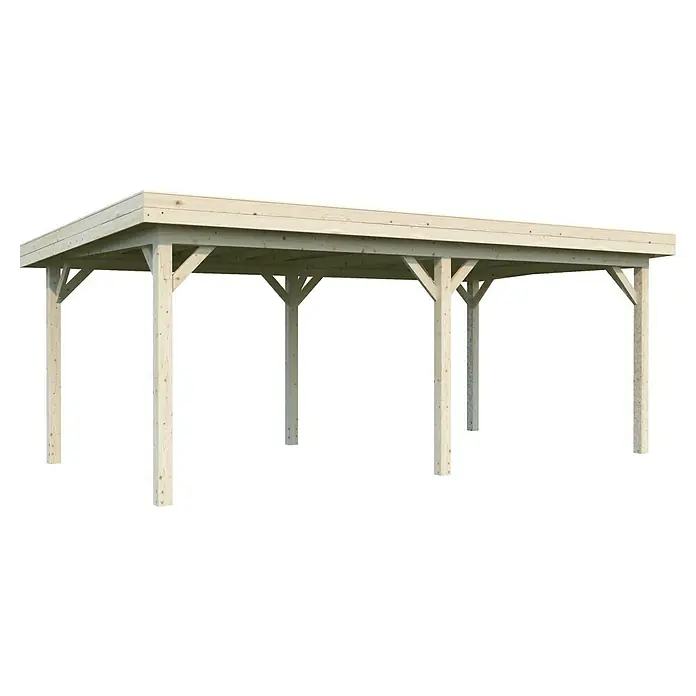 Palmako Pérgola estándar Lenna Set L - L x An: 628 x 340 cm, Madera, Natural - Una cochera de madera clara con un techo plano sostenido por varios postes de soporte, ideal para proteger los vehículos de los elementos.