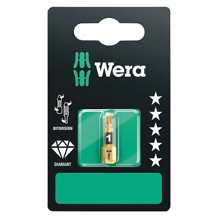 Wera Premium Plus Diamant-Bit 855/1 BDC - PZ 1, 25 mm - Wera Bit 851/1 BTZ Diamant, Phillips PH 1: Der hochwertige Diamant-Bit für Schrauben, ausgestattet mit Torsionszone, reduziert Verschleiß.