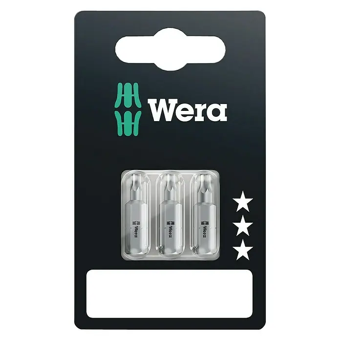 Wera Classic Bit-Set 867/1 Z TX 10/15/20 - 3 -tlg. - Nahaufnahme einer Wera Bit-Packung mit drei Torx-Bits, ideal für Schraubarbeiten mit hohen Anforderungen an Präzision und Haltbarkeit.