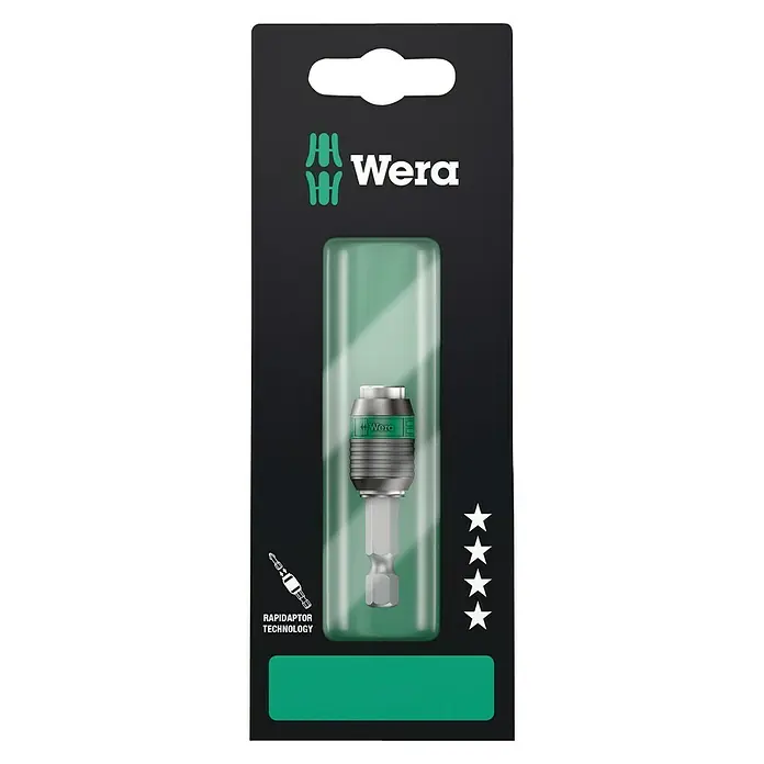 Wera Premium Plus Bithalter Rapidaptor 889/4/1 K - Starker Dauermagnet - Das Bild zeigt eine Wera Rapidaptor Bit-Halterung in ihrer Verpackung. Die Bit-Halterung ermöglicht schnellen Bitwechsel und sicheren Halt.