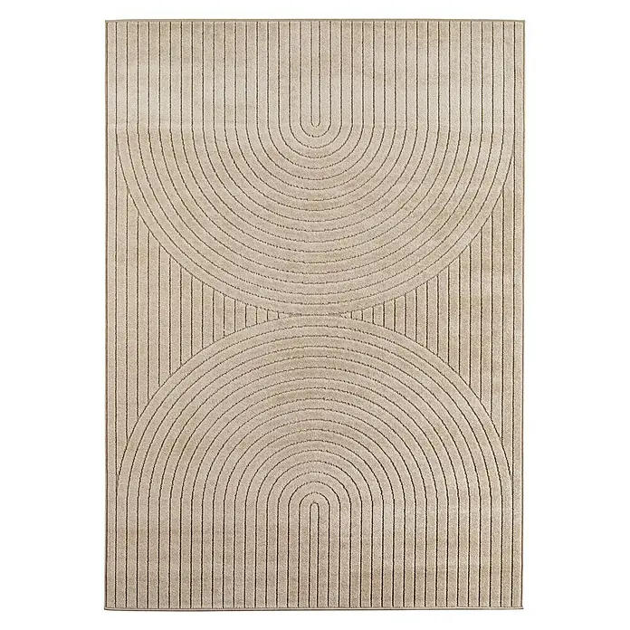 Outdoor-Teppich Nova I - Beige, 200 x 140 cm, 100 % Polypropylen - Elegantes cremefarbenes Rechteckteppich mit einem modernen, abstrakten Design aus überlappenden Halbkreisen und vertikalen Linien.