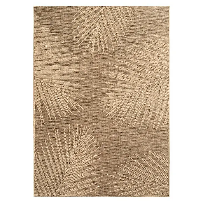 Outdoor-Teppich Timber 1403 - Braun, 230 x 160 cm, 100 % Polypropylen - Ein brauner Outdoor-Teppich mit einem eleganten Palmenblattmuster für Terrasse und Garten.