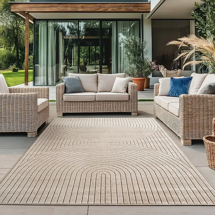 Outdoor-Teppich Nova I - Beige, 200 x 140 cm, 100 % Polypropylen - Elegantes Outdoor-Ambiente mit beigen Korbmöbeln und stilvollem Teppich mit grafischem Muster.