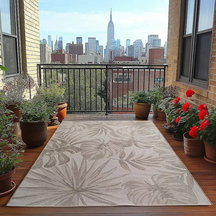 Outdoor-Teppich Desert 1302 - Beige, 290 x 200 cm, 100 % Polypropylen - Ein stilvoller Outdoor-Teppich mit tropischen Blattmotiven verschönert diesen Balkon mit Blick auf die Skyline.