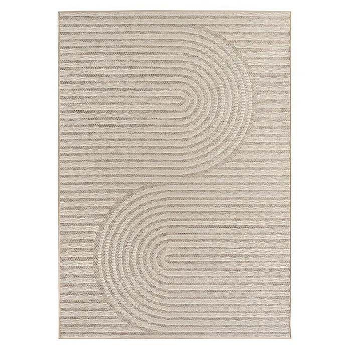 Outdoor-Teppich Desert 1301 - Beige, 150 x 80 cm, 100 % Polypropylen - Ein quadratischer Wandteppich in Sandfarben mit einem dezenten Yin-Yang-Muster aus horizontalen Linien und geschwungenen Formen. Elegante Textilkunst für Ihr Zuhause.