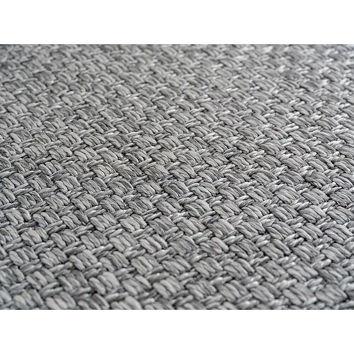 Outdoor-Teppich Ibiza II - Grau, 370 x 280 cm, 100 % Polypropylen - Nahaufnahme eines grauen, grob gewebten Teppichs, der eine rustikale Textur und ein interessantes Muster aufweist. Perfekt für eine gemütliche Atmosphäre.