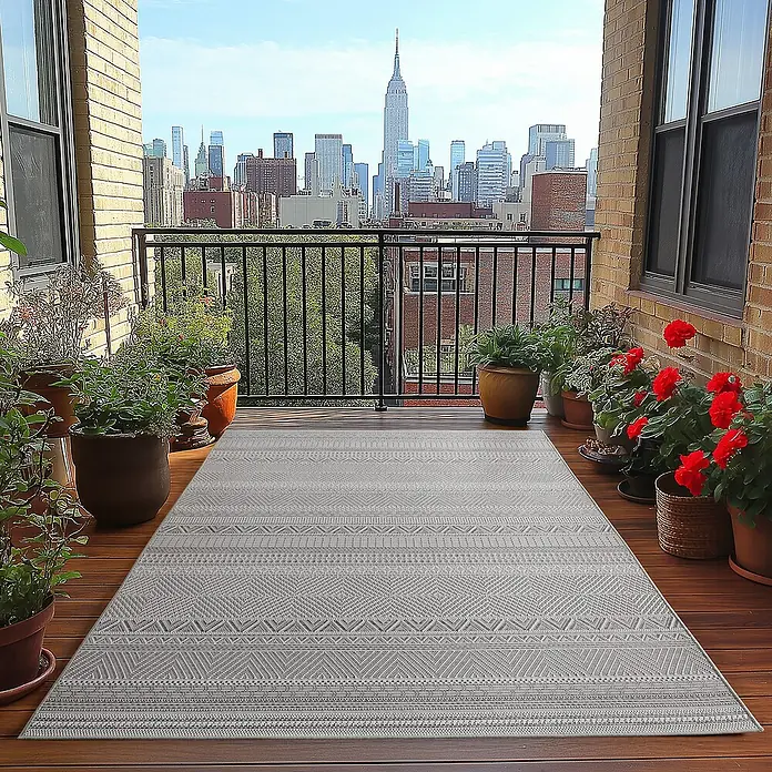 Outdoor-Teppich Desert 1303 - Grau, 200 x 140 cm, 100 % Polypropylen - Balkonansicht mit grauem Teppich mit geometrischem Muster, umgeben von Pflanzen und Blick auf die Skyline von New York.