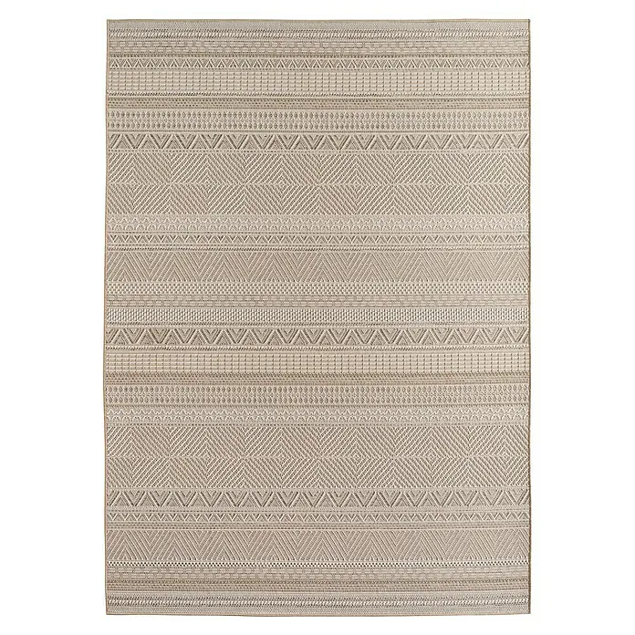 Outdoor-Teppich Desert 1303 - Beige, 230 x 160 cm, 100 % Polypropylen - Detailansicht eines beigen gemusterten Teppichs mit geometrischen Formen und Linien für ein gemütliches Ambiente.