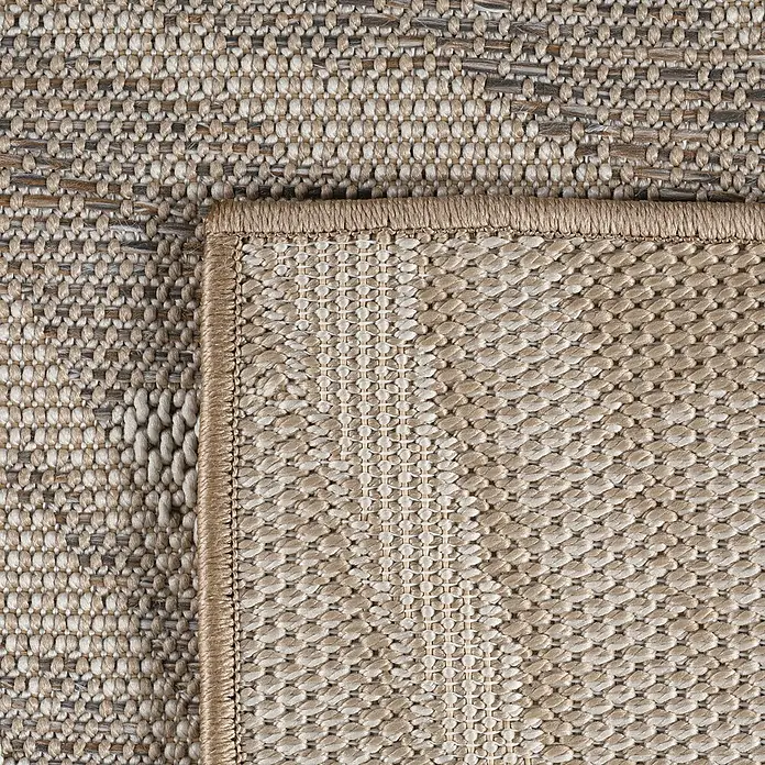 Outdoor-Teppich Desert 1302 - Beige, Durchmesser: 200 cm, 100 % Polypropylen - Nahaufnahme eines Teppichs in Beige- und Brauntönen mit detaillierter Textur und Bordüre.