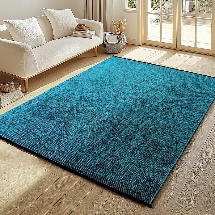 Flachgewebeteppich Space - Blau, 170 x 120 cm, 84 % Baumwolle, 16 % Polyester - Ein rechteckiger, türkisblauer Teppich liegt auf einem Holzboden in einem hellen Raum. Der Teppich hat ein subtiles, dunkles Muster.