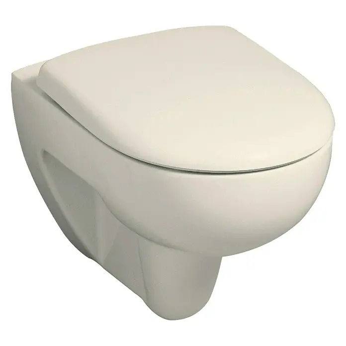 Geberit Renova Wand-WC - Mit Spülrand, Spülform: Tief, WC Abgang: Waagerecht, Pergamon - Auf dem Bild ist eine wandhängende Toilette in einem hellen Farbton zu sehen. Das WC wirkt durch das schlichte Design sehr modern und elegant.