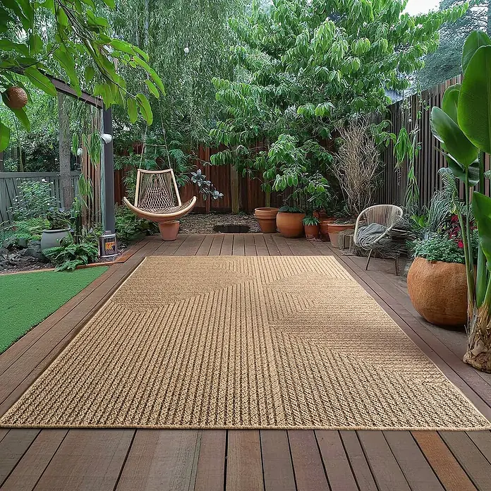 Outdoor-Teppich Timber 1404 - Beige, 290 x 200 cm, 100 % Polypropylen - Nahaufnahme eines beigen Outdoor-Teppichs mit modernem geometrischen Muster auf einer Holzterrasse in einem grünen Garten.