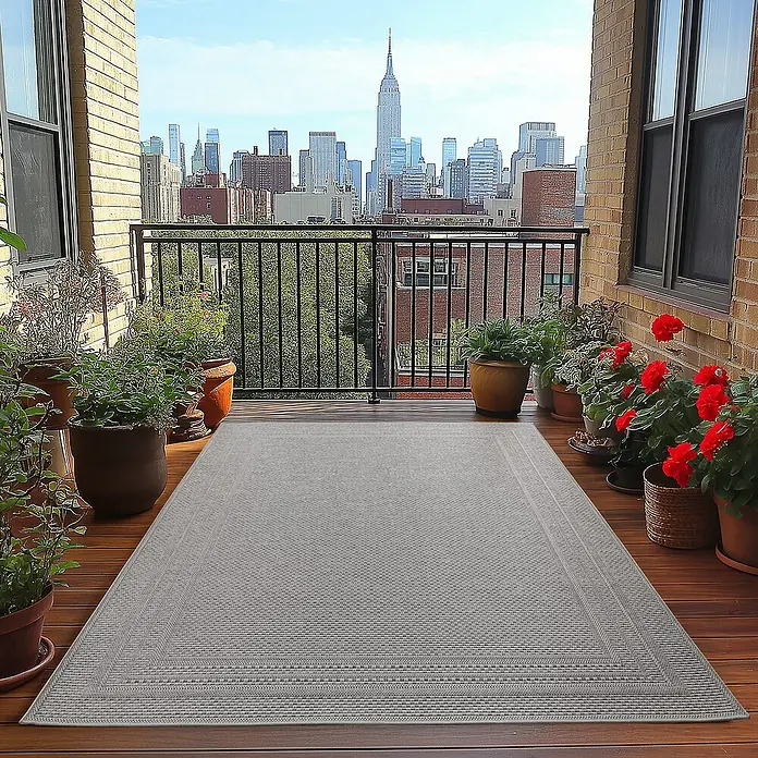 Outdoor-Teppich Desert 1304 - Grau, 290 x 200 cm, 100 % Polypropylen - Grauer Outdoor-Teppich mit Bordüre, ideal für Balkone und Terrassen mit Stadtblick. Wetterfest und stilvoll für den Außenbereich.