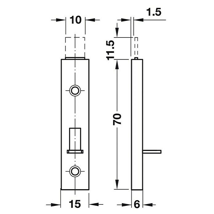 Häfele RiegelL x B x H: 70 x 15 x 6 mm, Vernickelt Front View