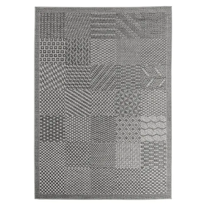 Outdoor-Teppich Ibiza I - Grau, 170 x 120 cm, 100 % Polypropylen - Ein grauer Läufer mit verschiedenen Webmustern in einem quadratischen Design. Perfekt für moderne Innenräume, bietet Stil und Funktionalität.