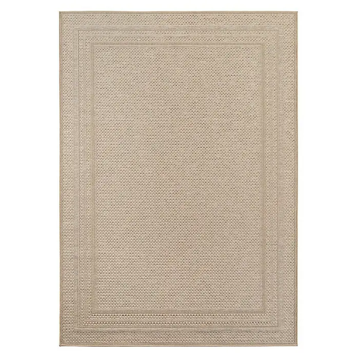 Outdoor-Teppich Desert 1304 - Beige, 290 x 200 cm, 100 % Polypropylen - Nahaufnahme eines beigen Teppichs mit quadratischem Muster und dekorativem Rand.