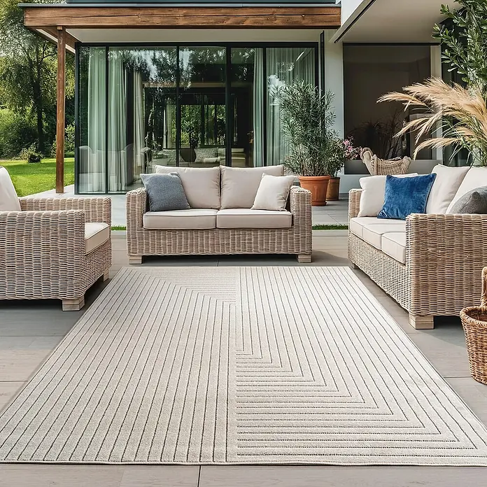 Outdoor-Teppich Nova II - Creme, 230 x 160 cm, 100 % Polypropylen - Ein stilvoller Outdoor-Teppich mit geometrischem Muster, der das moderne Ambiente der Terrasse unterstreicht.