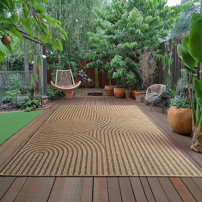 Outdoor-Teppich Timber 1401 - Beige, 370 x 280 cm, 100 % Polypropylen - Diese Aufnahme zeigt einen großen, rechteckigen Outdoor-Teppich mit einem stilvollen, gewundenen Muster auf einer Holzterrasse.