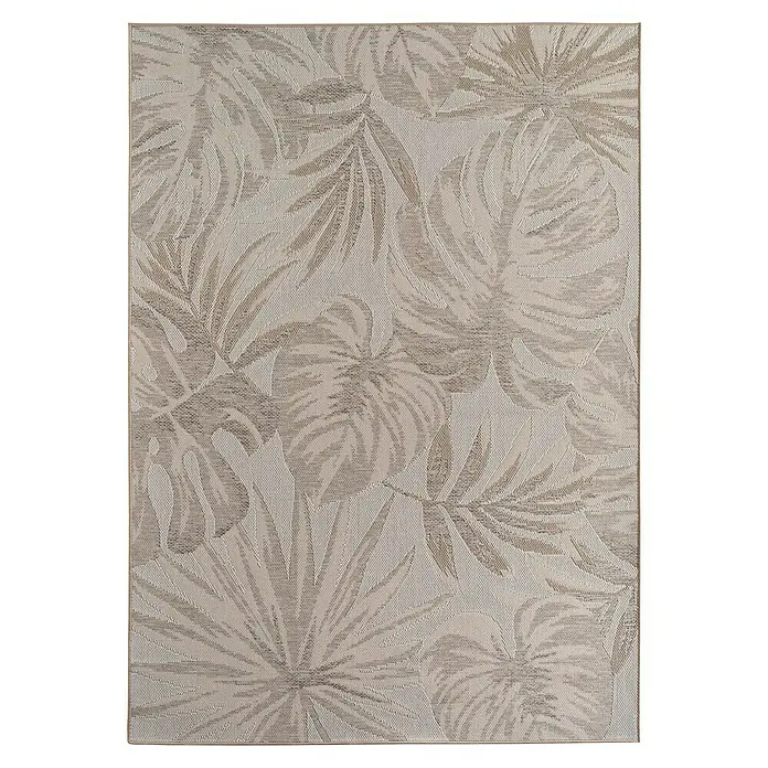 Outdoor-Teppich Desert 1302 - Beige, 290 x 200 cm, 100 % Polypropylen - Nahaufnahme eines Teppichs mit floralem Muster in Beige- und Brauntönen, ideal für Wohnräume.