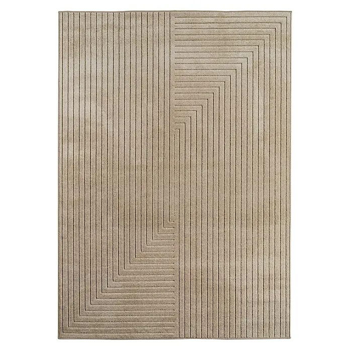 Outdoor-Teppich Nova II - Beige, 230 x 160 cm, 100 % Polypropylen - Beige Teppich mit einem geometrischen Muster aus vertikalen Linien und konzentrischen Quadraten. Perfekt für moderne Wohnräume.
