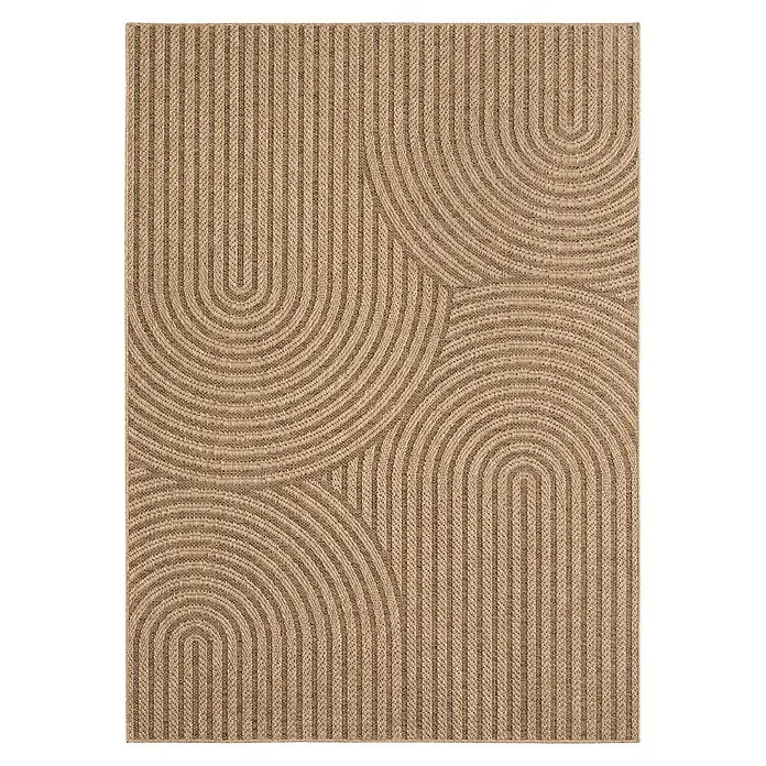 Outdoor-Teppich Timber 1401 - Beige, 370 x 280 cm, 100 % Polypropylen - Beiger Teppich mit einem modernen Muster aus konzentrischen Bögen, ideal für stilvolle Wohnräume. Das Textildesign ist ein echter Hingucker.