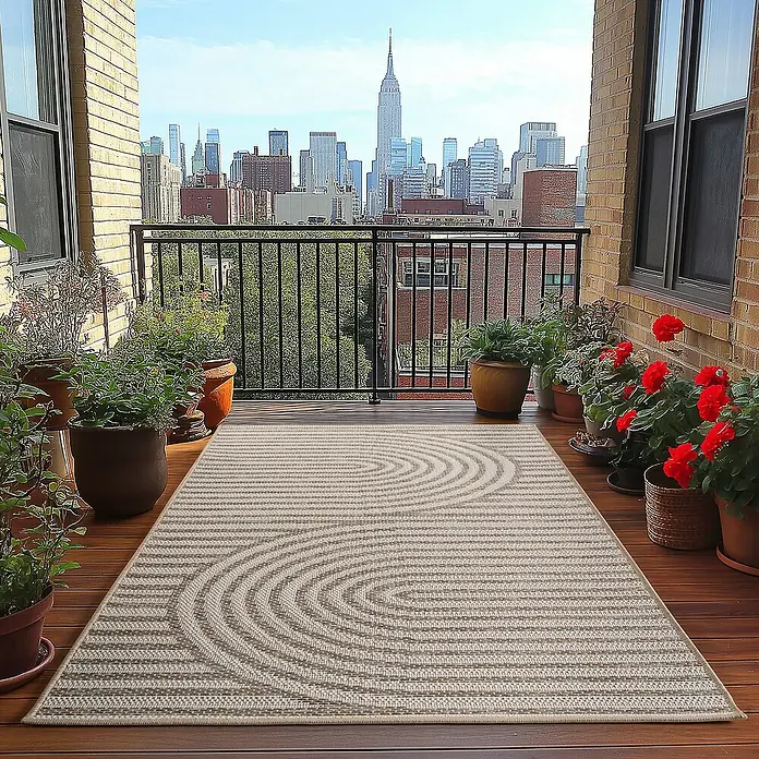 Outdoor-Teppich Desert 1301 - Beige, 170 x 120 cm, 100 % Polypropylen - Ein beiger Outdoor-Teppich mit konzentrischem Kreismuster ziert einen Balkon mit Blick auf die Skyline der Stadt.