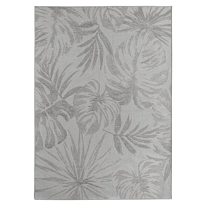 Outdoor-Teppich Desert 1302 - Grau, 290 x 200 cm, 100 % Polypropylen - Ein grauer Teppich mit stilvollem Blattmuster, perfekt für eine moderne Raumgestaltung und bietet eine angenehme Textur.