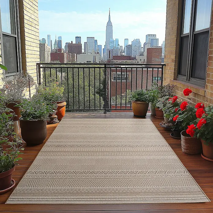 Outdoor-Teppich Desert 1303 - Beige, 200 x 140 cm, 100 % Polypropylen - Der beigefarbene Teppich mit geometrischem Muster ziert einen Balkon mit Blick auf die Skyline von New York.