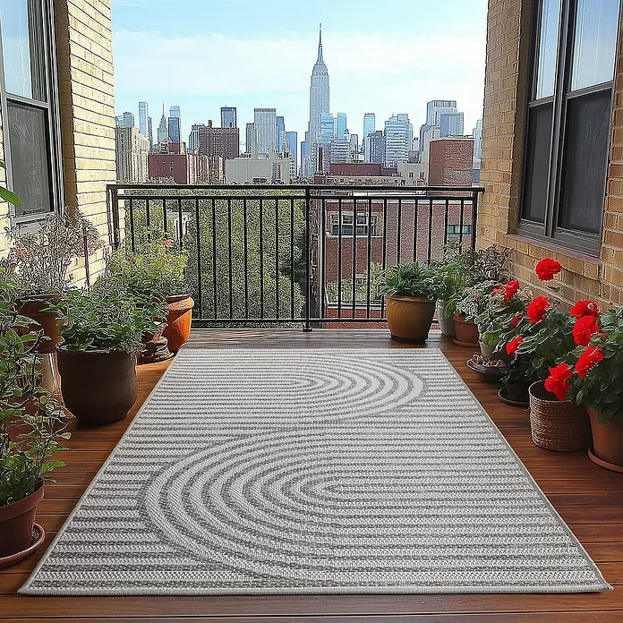 Outdoor-Teppich Desert 1301 - Grau, 230 x 160 cm, 100 % Polypropylen - Blickfang: Ein grauer Teppich mit einem ansprechenden Wirbelmuster ziert einen Balkon mit New Yorker Skyline.