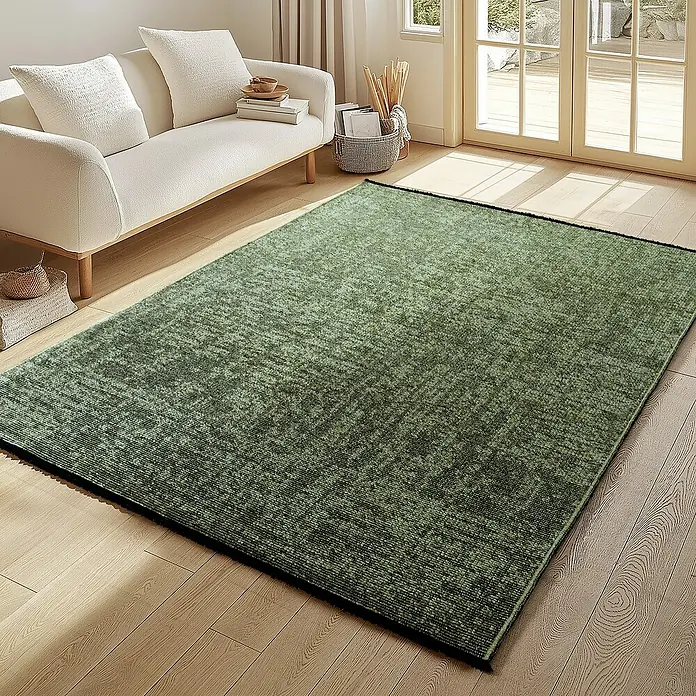 Flachgewebeteppich Space - Grün, 230 x 160 cm, 84 % Baumwolle, 16 % Polyester - Ein olivgrüner Teppich liegt auf einem Holzboden vor einem Sofa und einer Terrassentür und verleiht dem Raum einen Farbtupfer.