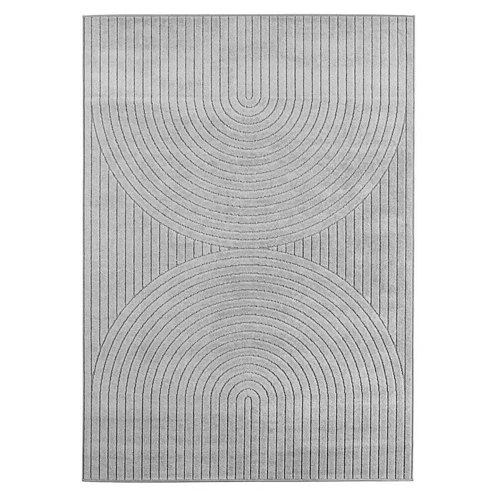 Outdoor-Teppich Nova I - Silber, 340 x 240 cm, 100 % Polypropylen - Grauer Teppich mit abstraktem Design aus vertikalen Linien und Halbkreisen, ideal für moderne Wohnräume.