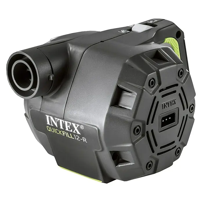 Intex Bomba de aire Quick Fill - 3 boquillas, 230 V - Imagen de una bomba de aire Intex Quickfill 12-R en tonos grises y negros, ideal para inflar rápidamente colchones de aire y piscinas.