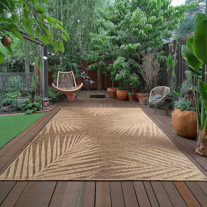 Outdoor-Teppich Timber 1403 - Braun, 230 x 160 cm, 100 % Polypropylen - Der Teppich mit Palmenmuster verleiht dem Außenbereich einen Hauch von tropischer Eleganz und Komfort.