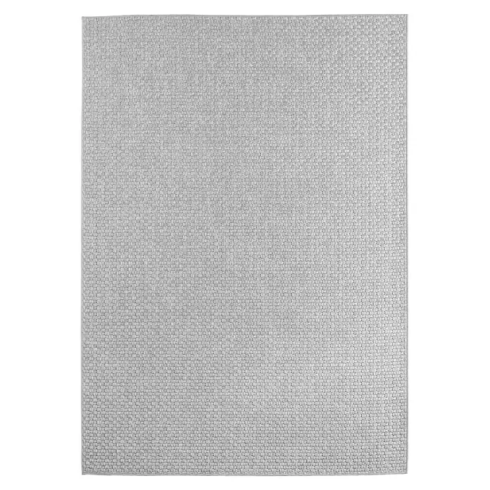 Outdoor-Teppich Ibiza II - Grau, 370 x 280 cm, 100 % Polypropylen - Nahaufnahme einer quadratischen, hellgrauen Teppichfliese mit feiner Webstruktur, ideal für moderne Bodenbeläge und Büroräume.