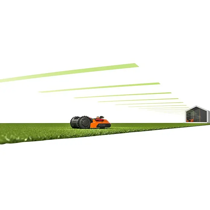 Worx Zusatzmodul für Mähroboter Radio Link - Landroid Mähroboter - Bild eines orangefarbenen Mähroboters auf einem Rasen mit einem Haus im Hintergrund.