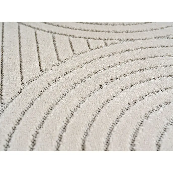 Outdoor-Teppich Nova I - Cream, Durchmesser: 200 cm, 100 % Polypropylen - Nahaufnahme eines Teppichs mit einem eleganten, cremefarbenen Design, das durch feine, dunkle Linien hervorgehoben wird.