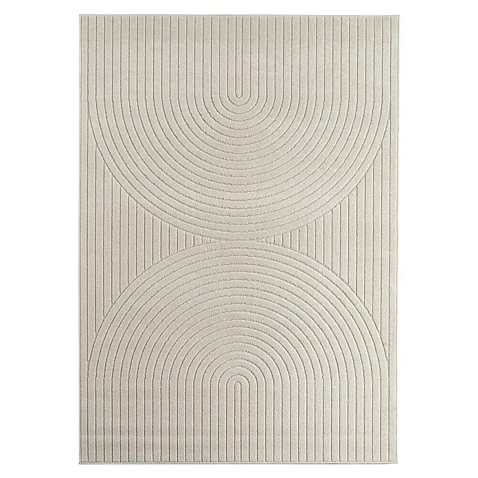 Outdoor-Teppich Nova I - Creme, 290 x 200 cm, 100 % Polypropylen - Ein beiger Teppich mit einem abstrakten Design aus vertikalen Linien und Halbkreisen, der ein modernes und stilvolles Ambiente schafft.