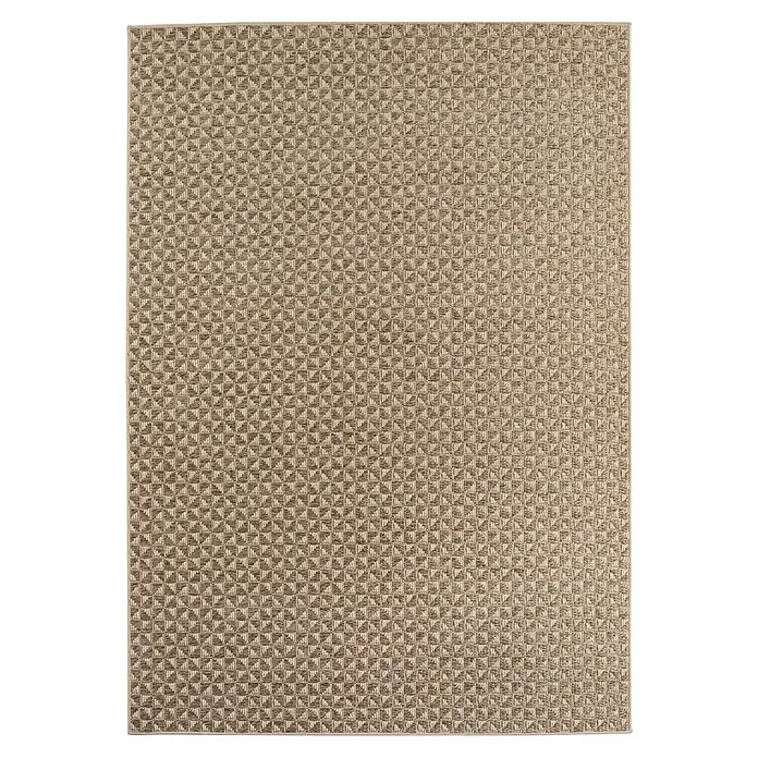 Outdoor-Teppich Ibiza III - Beige, 170 x 120 cm, 100 % Polypropylen - Detailansicht eines strukturierten, braunen Teppichs, der ein subtiles, quadratisches Webmuster zeigt. Dieser Teppich vereint Komfort und Stil.
