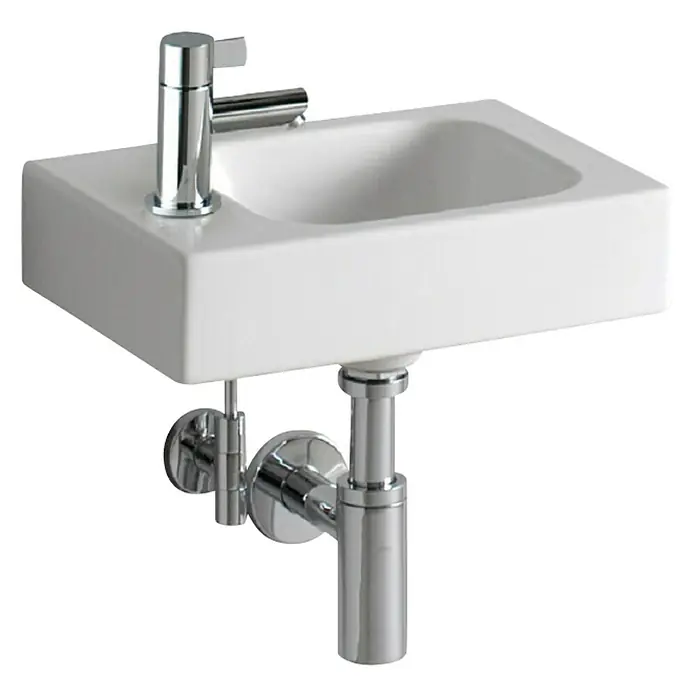 Geberit iCon Waschbecken xs - 38 x 28 cm, Ohne Spezialglasur, Hahnloch: Links, Weiß, Ablagefläche: Links - Keramikwaschbecken mit Armatur und verchromtem Siphon. Elegantes Design für moderne Badezimmer.