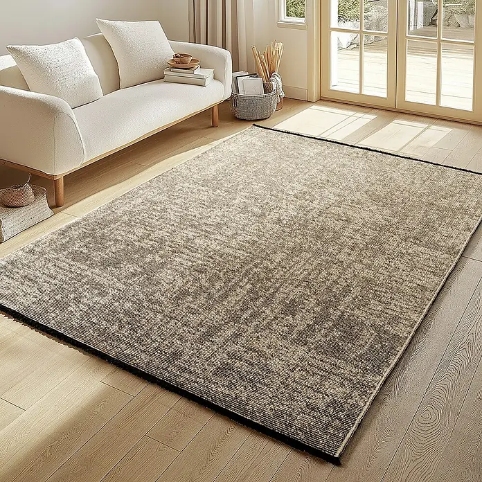 Flachgewebeteppich Space - Beige, 200 x 140 cm, 84 % Baumwolle, 16 % Polyester - Einrichtungsszene mit einem gemusterten Teppich in Beige- und Grautönen, der einen gemütlichen Raum akzentuiert.
