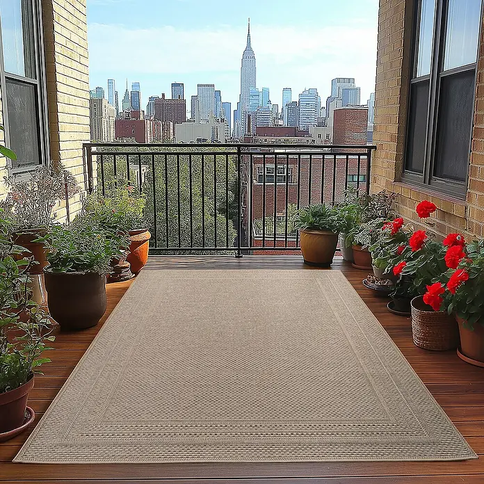 Outdoor-Teppich Desert 1304 - Beige, 290 x 200 cm, 100 % Polypropylen - Ein beigefarbener Teppich mit rechteckigem Design liegt auf einer Terrasse mit Blick auf die Skyline von New York.