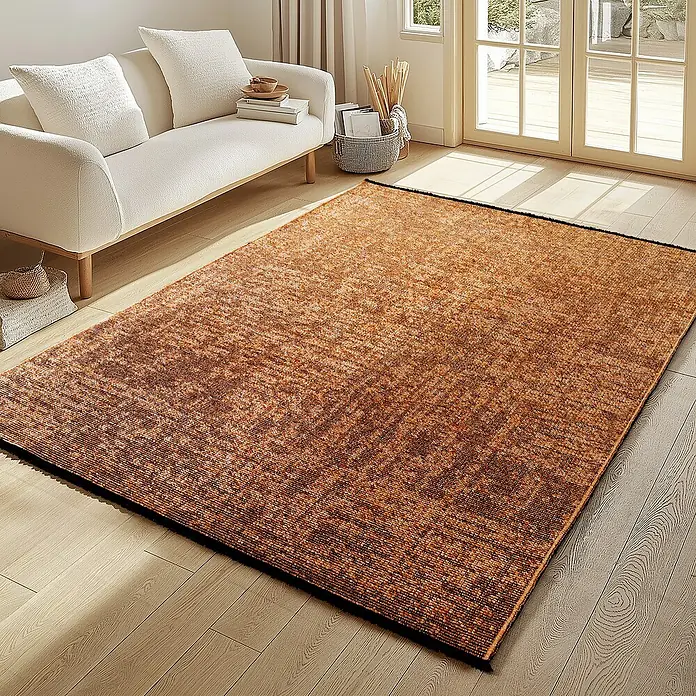 Flachgewebeteppich Space - Kupfer, 290 x 200 cm, 84 % Baumwolle, 16 % Polyester - Nahaufnahme eines rechteckigen, texturierten Teppichs in verschiedenen Brauntönen, der einen modernen Wohnraum ergänzt.
