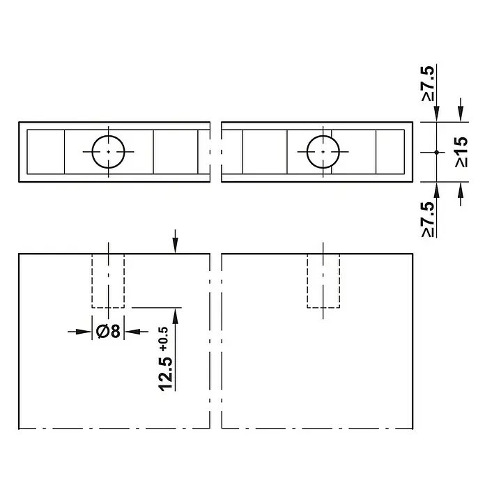 Häfele Herraje de unión para armarios Ixconnect SC 8/25 - Específico para: Grosores de madera a partir de 15 mm, Plástico - Dibujo técnico que muestra detalles y dimensiones para un componente mecánico o accesorio.