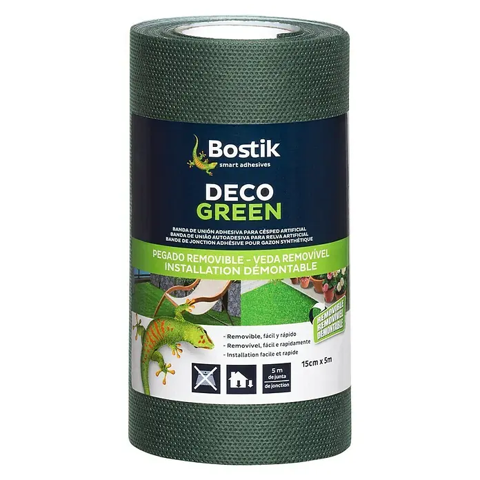Bostik Banda de fijación autoadhesiva Deco green - 0,15 x 5 m, Verde - Cinta adhesiva Bostik Deco Green para césped artificial, 15cm x 5m, para una instalación fácil y removible en tu jardín o terraza.