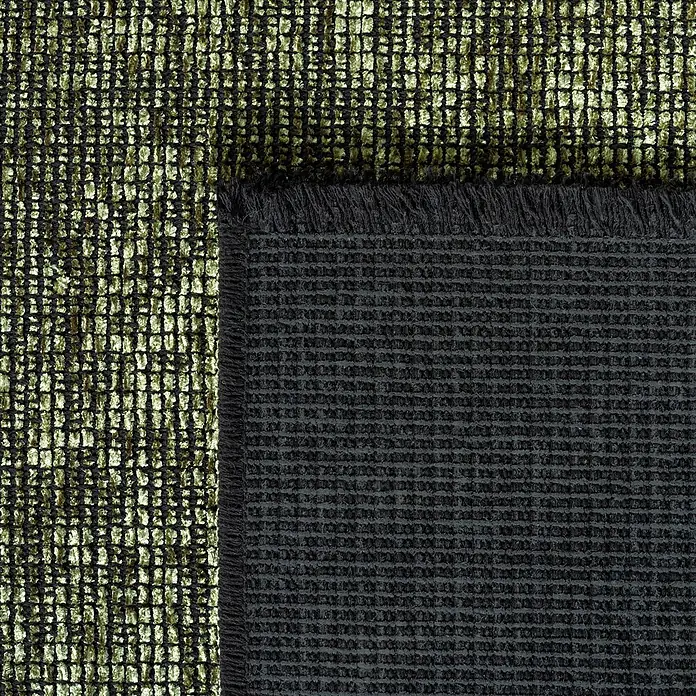 Flachgewebeteppich Space - Grün, 230 x 160 cm, 84 % Baumwolle, 16 % Polyester - Nahaufnahme eines strukturierten Teppichs mit Fransen, der ein Gefühl von Textur und Tiefe vermittelt.