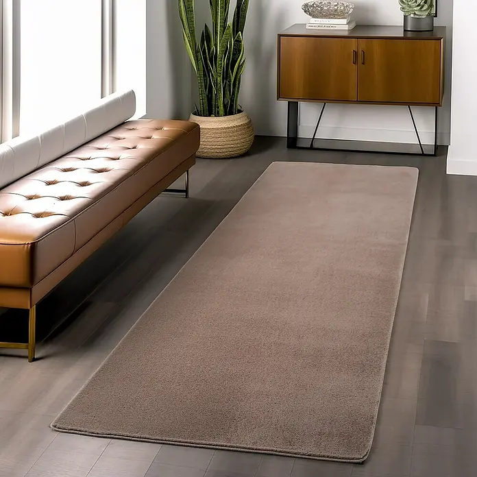 Kurzflorteppich Joy - Mokka, 100 x 60 cm, 100 % Polyester - Ein hellbrauner Teppich liegt auf einem dunklen Holzboden. Daneben steht eine braune Bank und ein Holzschrank mit Topfpflanze.