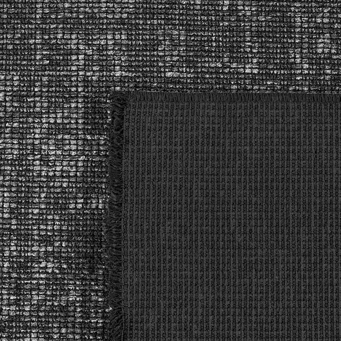 Flachgewebeteppich Space - Grau, 230 x 160 cm, 84 % Baumwolle, 16 % Polyester - Detailaufnahme eines schwarzen Teppichs mit verschiedenen Texturen, der eine interessante haptische Erfahrung bietet.