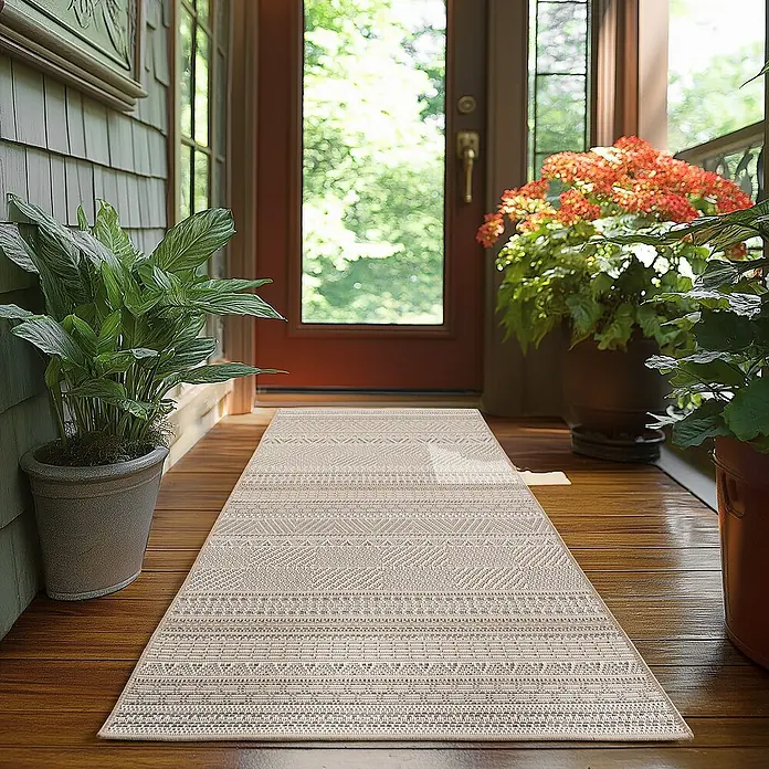 Outdoor-Teppich Desert 1303 - Beige, 150 x 80 cm, 100 % Polypropylen - Ein beiger Läufer mit geometrischem Muster liegt auf einem Holzboden in einem Eingangsbereich. Pflanzen zieren den Raum.