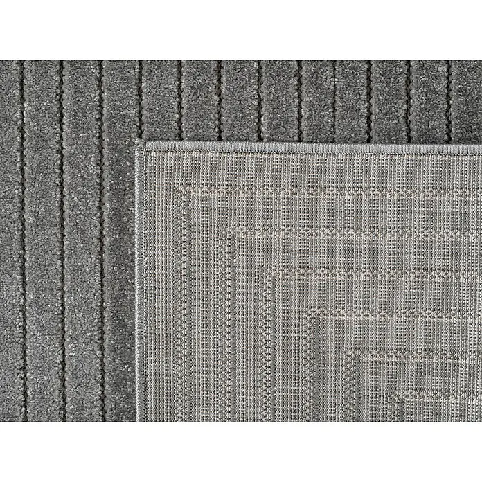 Outdoor-Teppich Nova II - Silver, Durchmesser: 80 cm, 100 % Polypropylen - Nahaufnahme eines grauen Teppichs mit Streifenmuster und einer detaillierten Webstruktur auf der Rückseite.