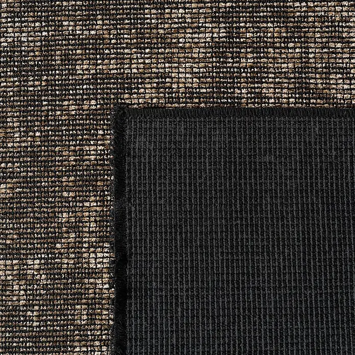 Flachgewebeteppich Space - Beige, 200 x 140 cm, 84 % Baumwolle, 16 % Polyester - Nahaufnahme eines Teppichs mit braunem Muster und schwarzer Unterseite. Die Textur und Verarbeitung sind gut erkennbar.